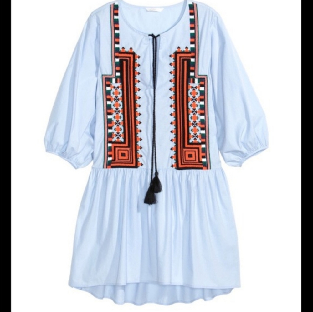H&M City Diaries Blue Embroidered Tassel Dress